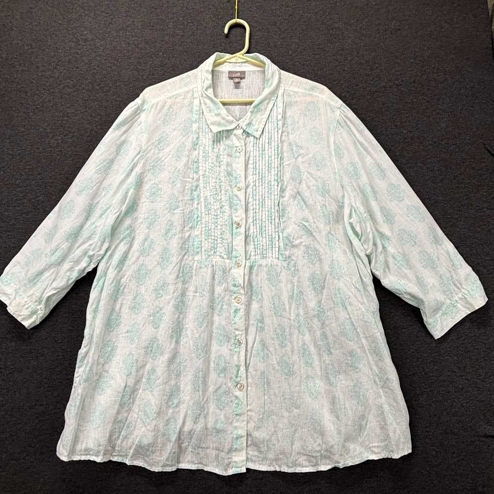 JJill Blouse Womens 3X Mint Printed Linen Tunic Button Front Pintuck Lightweight